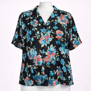 California Krush Black Hawaiian Floral Short Sleeve Button Up Shirt M‎ 90s Y2K